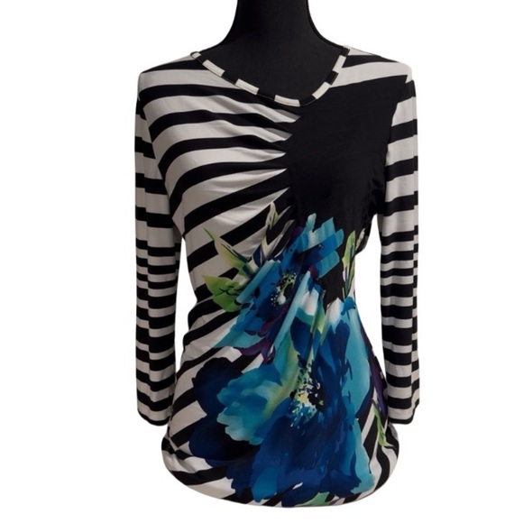 3x25* Investments Blue Floral Top B&W Stripes Size Small Stretchy & Elegant - Picture 1 of 15